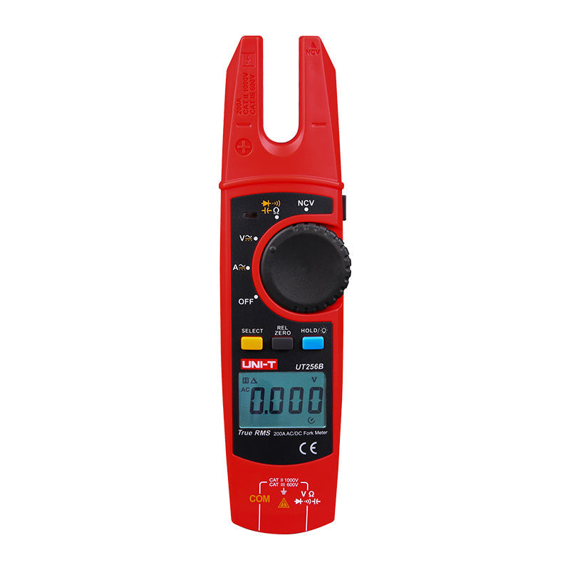 UNI-T UT256B True RMS AC/DC Fork Meter – 200A Open-Jaw Current, AC/DC 1000V, Resistance, Capacitance, Frequency, NCV, Zero Mode, Data Hold, CAT II 1000V / CAT III 600V - a red open-jaw fork meter with a digital display showing 0.000, a central rotary dial, control buttons, and input ports at the bottom.
