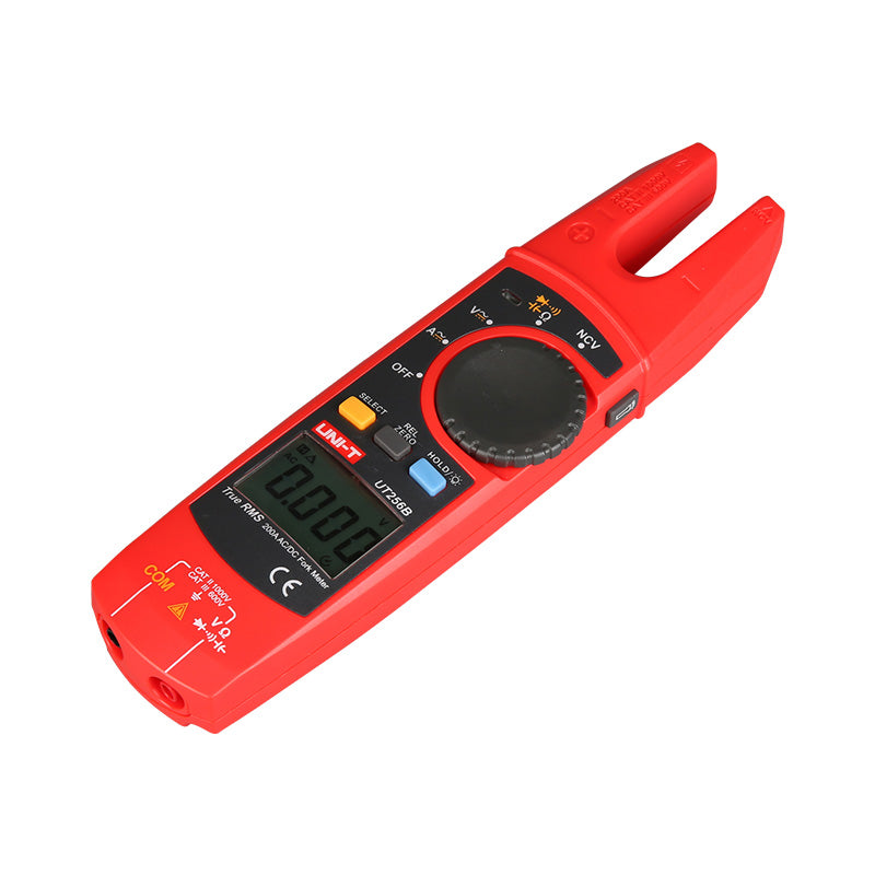UNI-T UT256B True RMS AC/DC Fork Meter – 200A Open-Jaw Current, AC/DC 1000V, Resistance, Capacitance, Frequency, NCV, Zero Mode, Data Hold, CAT II 1000V / CAT III 600V - a red handheld device with an open-jaw sensor, a digital display reading 0.000, a rotary dial, control buttons, and input ports.