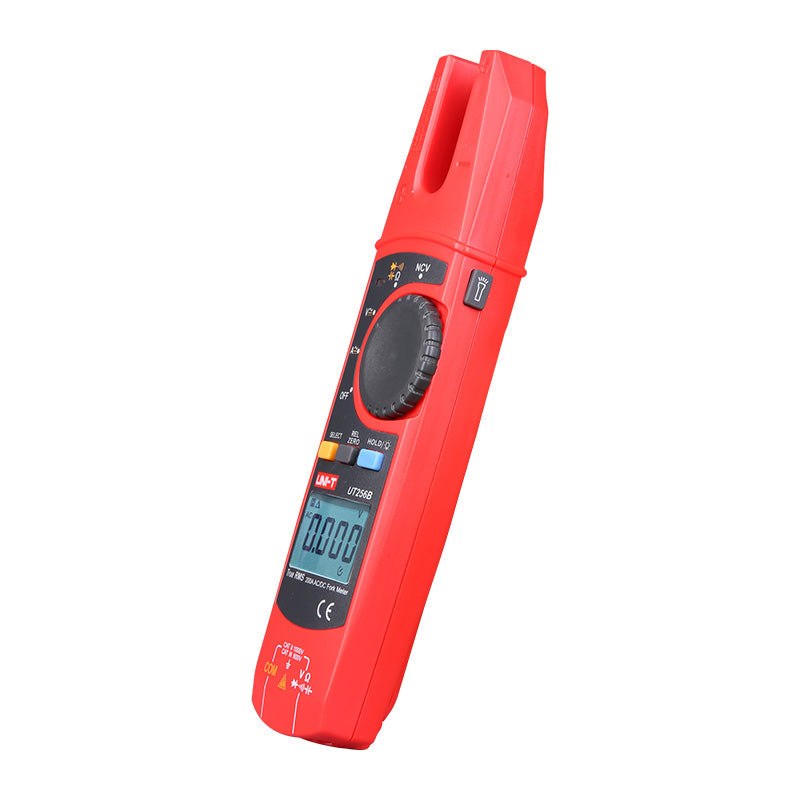 UNI-T UT256B True RMS AC/DC Fork Meter – 200A Open-Jaw Current, AC/DC 1000V, Resistance, Capacitance, Frequency, NCV, Zero Mode, Data Hold, CAT II 1000V / CAT III 600V - a red handheld device with an open-jaw sensor, a central rotary dial, control buttons, and a digital display reading 0.000.