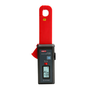 UNI-T UT258A AC/DC Leakage Current Clamp Meter – 0–60A, 1mA Resolution, 7mm Jaw, 10000-Count, RS-232, Zero Adjustment - with a red jaw, black body, side trigger, mode switch, hold button, and a screen displaying 12.7mA.