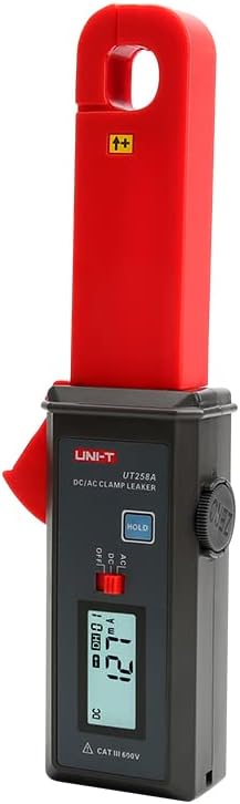 UNI-T UT258A AC/DC Leakage Current Clamp Meter – 0–60A, 1mA Resolution, 7mm Jaw, 10000-Count, RS-232, Zero Adjustment - a black and red handheld meter with a digital display showing 127mA, a hold button, and a mode selection switch.