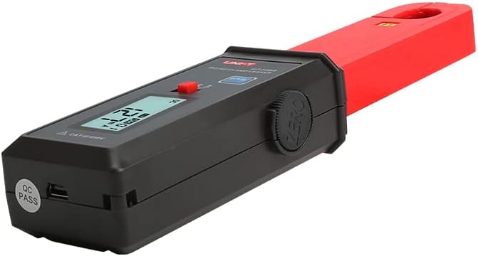 UNI-T UT258A AC/DC Leakage Current Clamp Meter – 0–60A, 1mA Resolution, 7mm Jaw, 10000-Count, RS-232, Zero Adjustment - a black handle with a red jaw, a digital display reading 1.21, a zero knob, and a side port.