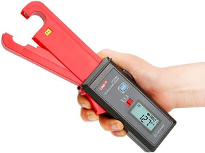UNI-T UT258A AC/DC Leakage Current Clamp Meter – 0–60A, 1mA Resolution, 7mm Jaw, 10000-Count, RS-232, Zero Adjustment - the red jaw, black body, mode switch, hold button, and screen reading 127mA DC.