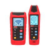 UNI-T UT25CL Cable Locator & Wire Tracer – Transmitter + Receiver Kit, Underground Cable Tracing, Break/Short Detection, NCV, Fuse Finder, 480V, 8 Coding Signals - a red transmitter and receiver with backlit digital displays, control buttons, and power icons on a white background.