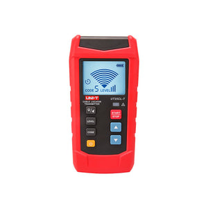 UNI-T UT25CL Cable Locator & Wire Tracer – Transmitter + Receiver Kit, Underground Cable Tracing, Break/Short Detection, NCV, Fuse Finder, 480V, 8 Coding Signals - UNI-T UT25CL-T transmitter in red and black, featuring a digital display showing code 5 and signal level, with control buttons and a power button.