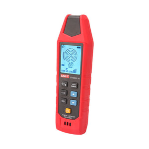 UNI-T UT25CL Cable Locator & Wire Tracer – Transmitter + Receiver Kit, Underground Cable Tracing, Break/Short Detection, NCV, Fuse Finder, 480V, 8 Coding Signals - UNI-T UT25CL-R receiver in red and grey, featuring a digital display showing signal level 237 and code 5, with control buttons and a power button.
