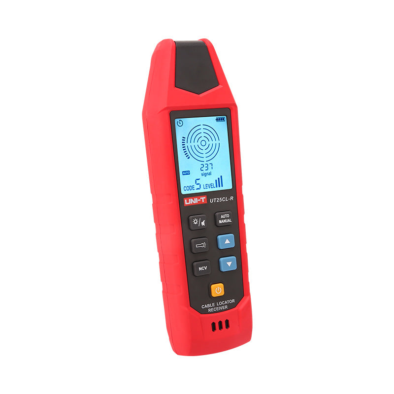 UNI-T UT25CL Cable Locator & Wire Tracer – Transmitter + Receiver Kit, Underground Cable Tracing, Break/Short Detection, NCV, Fuse Finder, 480V, 8 Coding Signals - UNI-T UT25CL-R cable locator receiver in red and black, featuring a digital display showing signal strength, code, and level, with control buttons.