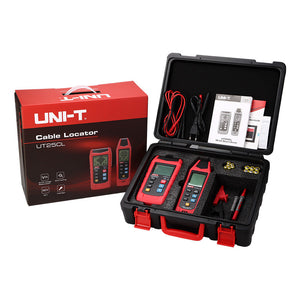 UNI-T UT25CL Cable Locator & Wire Tracer – Transmitter + Receiver Kit, Underground Cable Tracing, Break/Short Detection, NCV, Fuse Finder, 480V, 8 Coding Signals - a red and black box, a black carrying case with two handheld devices, test leads, and manuals inside foam slots.
