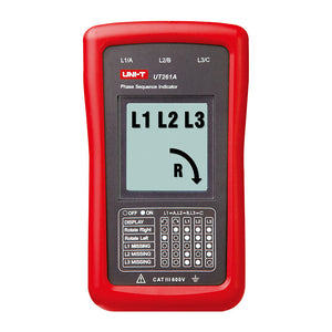 UNI-T UT261A 3-Phase Sequence Indicator – LCD Display, Missing-Phase Detection, AC 90–600V, No Battery Required - protective casing, showing an LCD screen with L1, L2, L3, and an R rotation symbol.