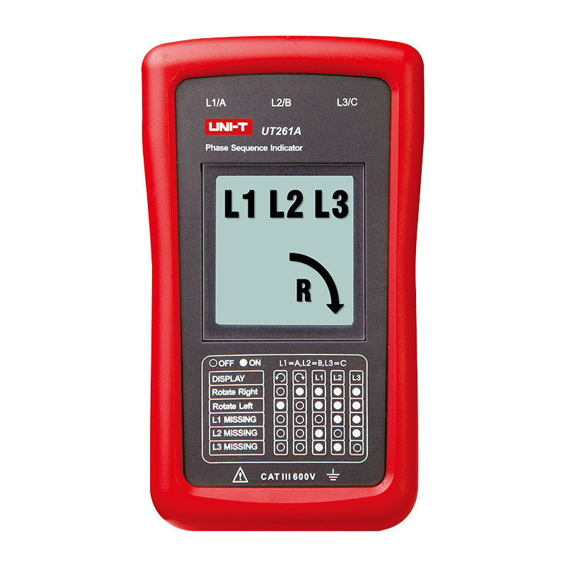 UNI-T UT261A 3-Phase Sequence Indicator – LCD Display, Missing-Phase Detection, AC 90–600V, No Battery Required - protective casing, showing an LCD screen with L1, L2, L3, and an R rotation symbol.