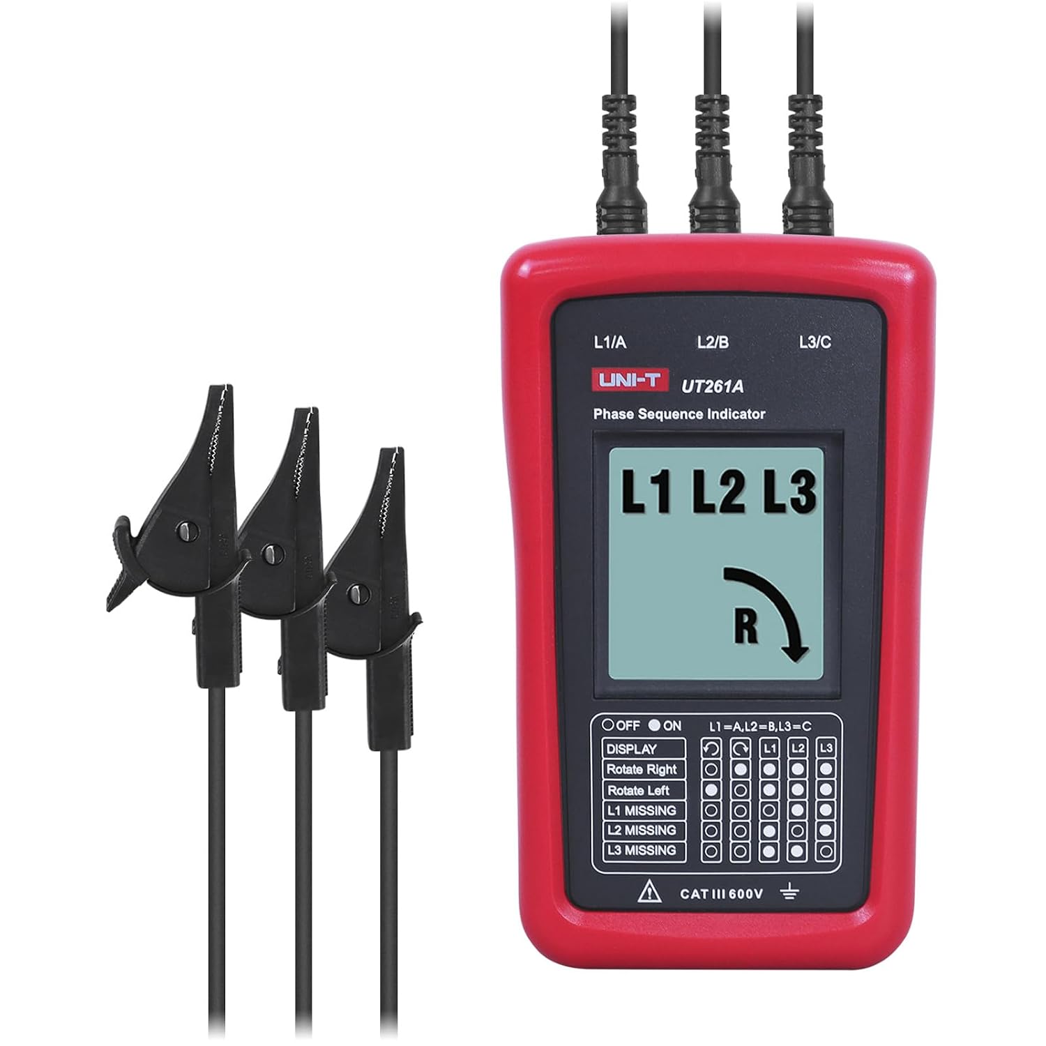 UNI-T UT261A 3-Phase Sequence Indicator – LCD Display, Missing-Phase Detection, AC 90–600V, No Battery Required - with three black alligator clips and a red handheld device showing an L1 L2 L3 display and a right-turn arrow.