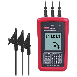 UNI-T UT261A 3-Phase Sequence Indicator – LCD Display, Missing-Phase Detection, AC 90–600V, No Battery Required - with three black alligator clips and a red handheld device showing an L1 L2 L3 display and a right-turn arrow.