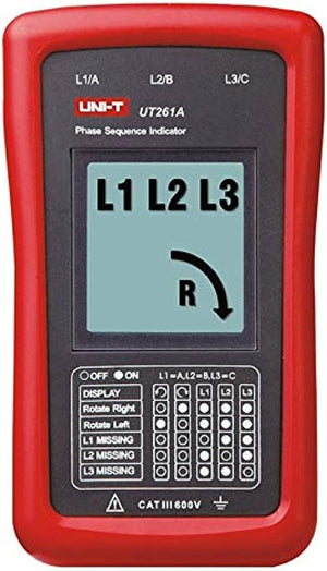 UNI-T UT261A 3-Phase Sequence Indicator – LCD Display, Missing-Phase Detection, AC 90–600V, No Battery Required - with an LCD screen displaying "L1 L2 L3" and a clockwise arrow with an "R".