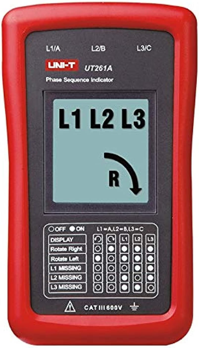 UNI-T UT261A 3-Phase Sequence Indicator – LCD Display, Missing-Phase Detection, AC 90–600V, No Battery Required - with an LCD screen displaying "L1 L2 L3" and a clockwise arrow with an "R".