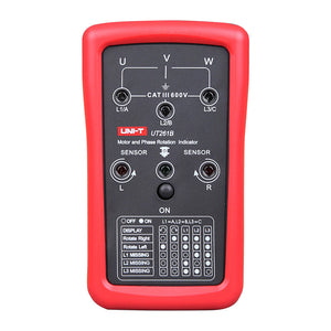 UNI-T UT261B Phase Sequence & Motor Rotation Indicator – 3-Phase Sequence, Missing-Phase & Motor Rotation Direction, 90–600V, 15–400Hz, 2m Drop-Proof, CAT III 600V - a red handheld device featuring three top input ports, two sensor indicators, a central button, and a chart.