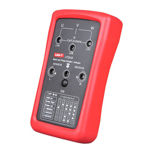 UNI-T UT261B Phase Sequence & Motor Rotation Indicator – 3-Phase Sequence, Missing-Phase & Motor Rotation Direction, 90–600V, 15–400Hz, 2m Drop-Proof, CAT III 600V - a red handheld device with three top input ports, two sensor ports, and a status indicator chart.