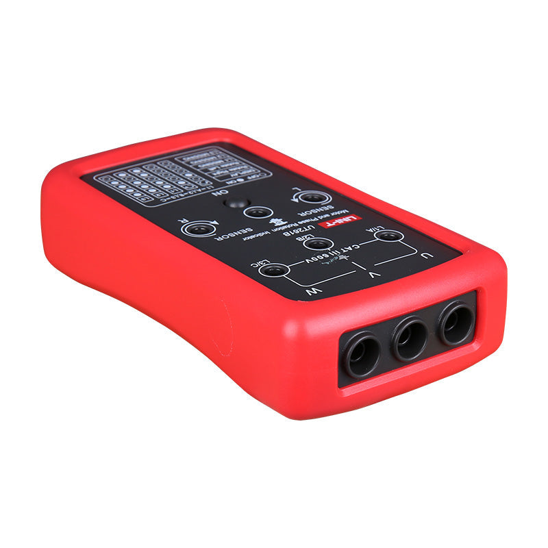 UNI-T UT261B Phase Sequence & Motor Rotation Indicator – 3-Phase Sequence, Missing-Phase & Motor Rotation Direction, 90–600V, 15–400Hz, 2m Drop-Proof, CAT III 600V - & Motor Rotation Indicator in a red protective rubber case, showing the top panel with buttons, ports, and labels.