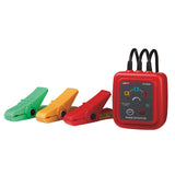 UNI-T UT262A Non-Contact Phase Sequence & Voltage Detector – 3-Phase Rotation, Missing-Phase, Live/Break Detection, AC 70~600 V - with a red main unit featuring R, S, and T indicators, OFF/ON buttons, and three attached cables with green, yellow, and red clips.