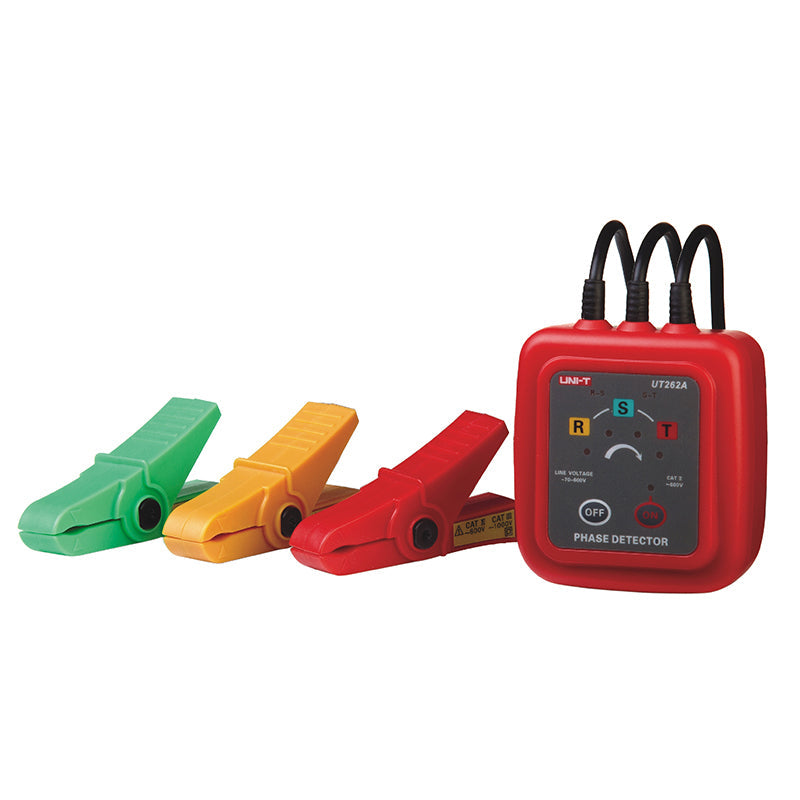 UNI-T UT262A Non-Contact Phase Sequence & Voltage Detector – 3-Phase Rotation, Missing-Phase, Live/Break Detection, AC 70~600 V - with a red main unit featuring R, S, and T indicators, OFF/ON buttons, and three attached cables with green, yellow, and red clips.
