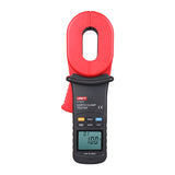 UNI-T UT275 Clamp Earth Ground Resistance Tester – 0.01Ω to 1200Ω, 0.001Ω Resolution, AC Leakage to 30A, 28mm Jaw, No Auxiliary Rods, 10000 Count, Data Recall - a black and red handheld device with a jaw, control buttons, and a digital display showing 01 and 100 Ω.