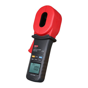 UNI-T UT275 Clamp Earth Ground Resistance Tester – 0.01Ω to 1200Ω, 0.001Ω Resolution, AC Leakage to 30A, 28mm Jaw, No Auxiliary Rods, 10000 Count, Data Recall - a black and red handheld device with a jaw, control buttons, and a digital display showing 01 and 100 Ω.