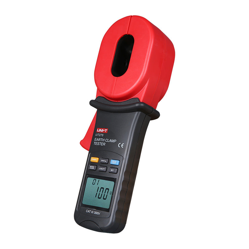 UNI-T UT275 Clamp Earth Ground Resistance Tester – 0.01Ω to 1200Ω, 0.001Ω Resolution, AC Leakage to 30A, 28mm Jaw, No Auxiliary Rods, 10000 Count, Data Recall - a black and red handheld device with a jaw, control buttons, and a digital display showing 01 and 100 Ω.