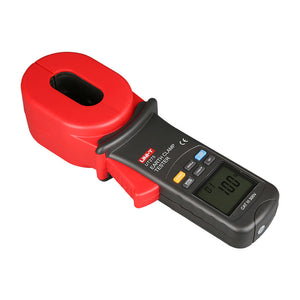 UNI-T UT275 Clamp Earth Ground Resistance Tester – 0.01Ω to 1200Ω, 0.001Ω Resolution, AC Leakage to 30A, 28mm Jaw, No Auxiliary Rods, 10000 Count, Data Recall - a red and black handheld device with a jaw, control buttons, and a digital display showing "01" and "100 Ω".