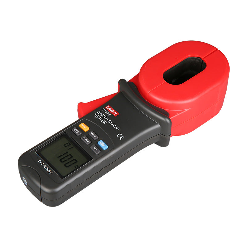 UNI-T UT275 Clamp Earth Ground Resistance Tester – 0.01Ω to 1200Ω, 0.001Ω Resolution, AC Leakage to 30A, 28mm Jaw, No Auxiliary Rods, 10000 Count, Data Recall - a black handheld device with a red clamp jaw, a digital display reading 100, and several labeled control buttons.