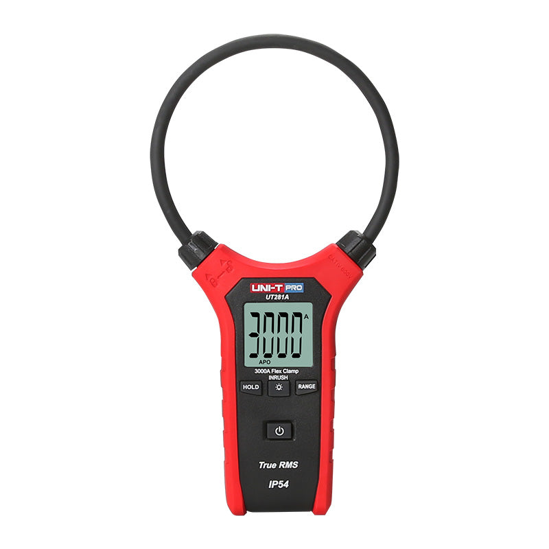 UNI-T UT281A True RMS Flexible Rogowski Clamp Meter – 3000A AC, 25.4cm (10") Flex Coil, AC/DC Voltage, Resistance, 3000 Count, IP54, 2m Drop-Proof - a circular current probe, a digital display showing 3000, and front-facing control buttons.