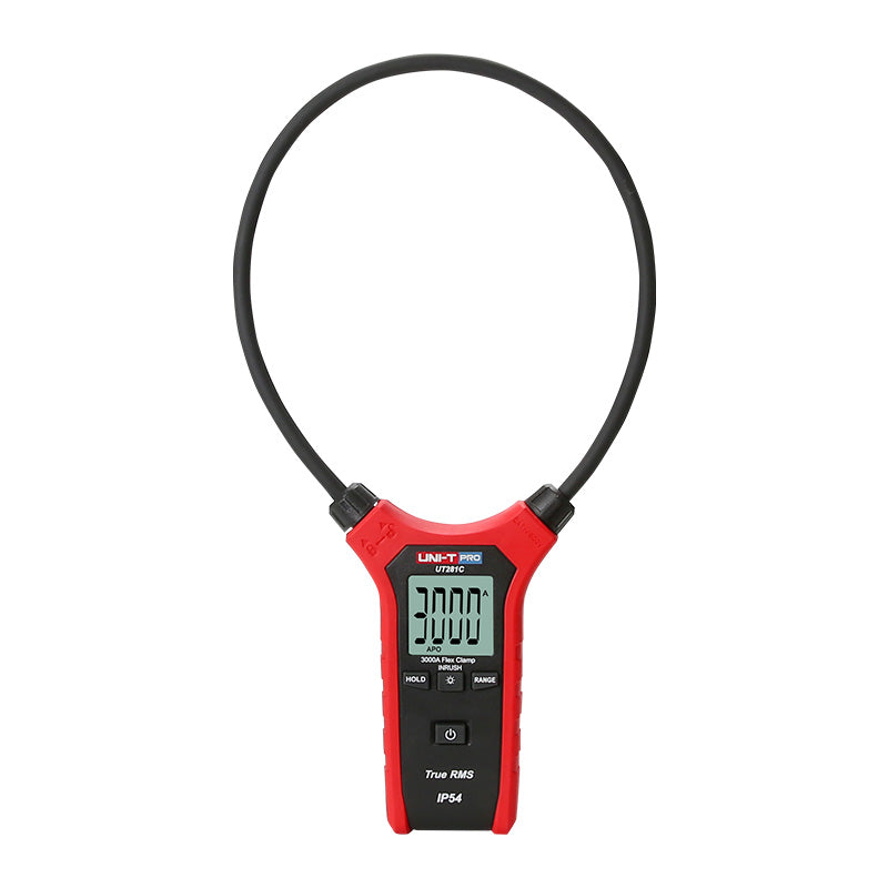 UNI-T UT281C True RMS Flexible Rogowski Clamp Meter – 3000A AC, 45.7cm (18") Flex Coil, AC/DC Voltage, Resistance, 3000 Count, IP54, 2m Drop-Proof - with a red and black handle, a flexible black coil, a digital display showing 3000, and front control buttons.