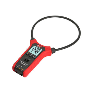 UNI-T UT281C True RMS Flexible Rogowski Clamp Meter – 3000A AC, 45.7cm (18") Flex Coil, AC/DC Voltage, Resistance, 3000 Count, IP54, 2m Drop-Proof - with a red handheld body, a black circular coil, a digital display reading 599.9, and front control buttons and ports.