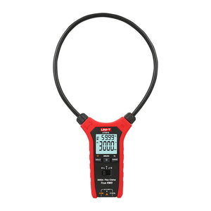 UNI-T UT281E True RMS Dual-Display Flexible Rogowski Clamp Meter – 3000A AC, 45.7cm (18") Flex Coil, Auto-Range, 6000 Count, IP54, 2m Drop-Proof - a digital display reading 59.99 Hz and 3000 A, with control buttons and ports visible.