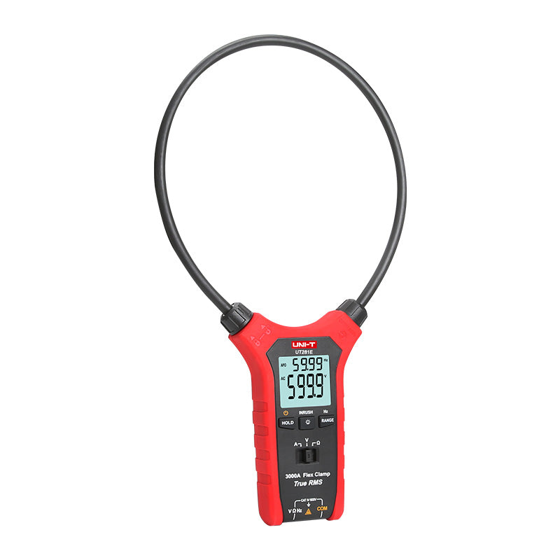 UNI-T UT281E True RMS Dual-Display Flexible Rogowski Clamp Meter – 3000A AC, 45.7cm (18") Flex Coil, Auto-Range, 6000 Count, IP54, 2m Drop-Proof - with a circular flex coil, a digital display showing 59.99 and 599.9, and front control buttons.