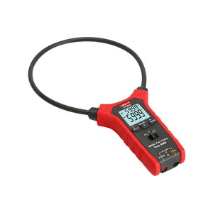 UNI-T UT281E True RMS Dual-Display Flexible Rogowski Clamp Meter – 3000A AC, 45.7cm (18") Flex Coil, Auto-Range, 6000 Count, IP54, 2m Drop-Proof - a red handheld device with a black circular coil, digital display showing 59.99 and 5999, and bottom ports.