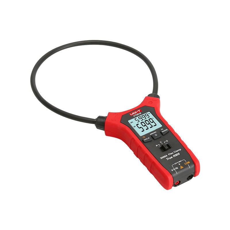 UNI-T UT281E True RMS Dual-Display Flexible Rogowski Clamp Meter – 3000A AC, 45.7cm (18") Flex Coil, Auto-Range, 6000 Count, IP54, 2m Drop-Proof - a red handheld device with a black circular coil, digital display showing 59.99 and 5999, and bottom ports.