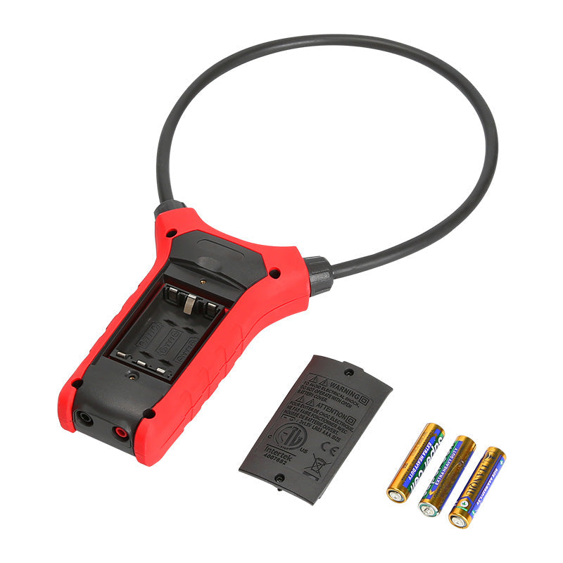 UNI-T UT281E True RMS Dual-Display Flexible Rogowski Clamp Meter – 3000A AC, 45.7cm (18") Flex Coil, Auto-Range, 6000 Count, IP54, 2m Drop-Proof - with a red and black body, a black circular probe, an open battery compartment, a detached cover, and three AAA batteries.
