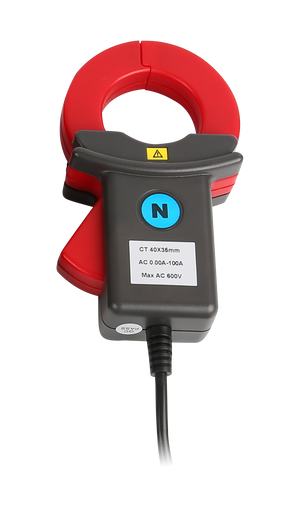 UNI-T UT285C Three-Phase Power Quality Analyzer (1000A Clamp Set) – True RMS, Active/Reactive/Apparent Power, THD Harmonics to 50th, Flicker, Unbalance, 4-Channel Waveform, USB/PC Software - a black and red current clamp with a blue N button, a 40x35mm jaw opening, and a black output cable.
