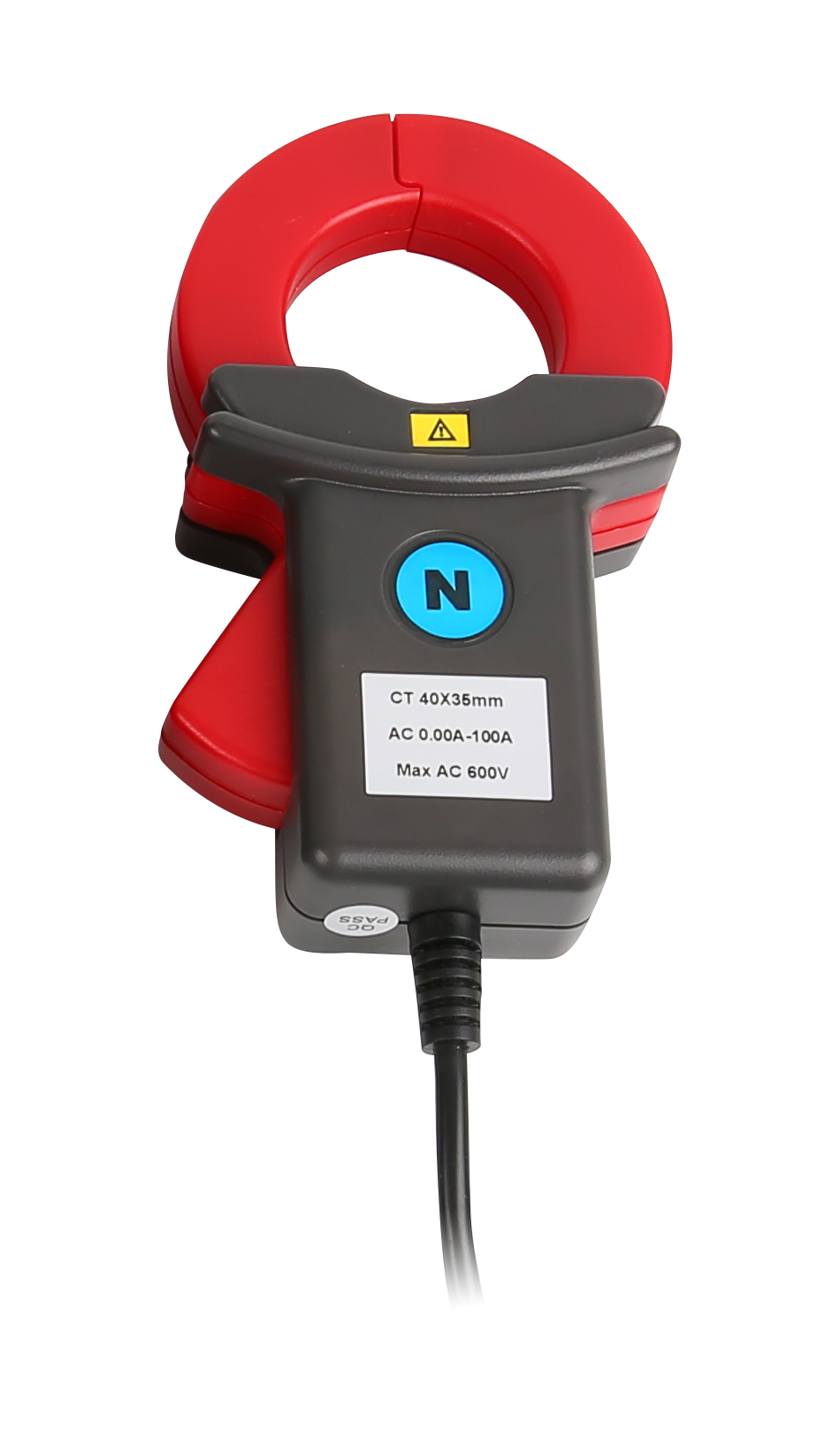 UNI-T UT285C Three-Phase Power Quality Analyzer (1000A Clamp Set) – True RMS, Active/Reactive/Apparent Power, THD Harmonics to 50th, Flicker, Unbalance, 4-Channel Waveform, USB/PC Software - a black and red current clamp with a blue N button, a 40x35mm jaw opening, and a black output cable.