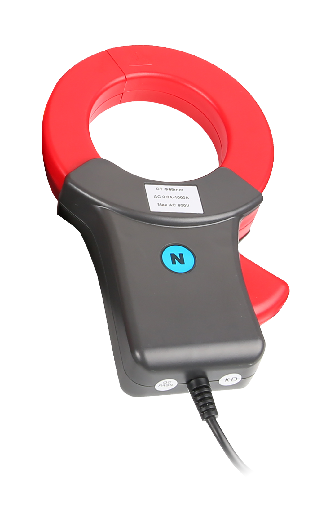 UNI-T UT285C Three-Phase Power Quality Analyzer (1000A Clamp Set) – True RMS, Active/Reactive/Apparent Power, THD Harmonics to 50th, Flicker, Unbalance, 4-Channel Waveform, USB/PC Software - a red and grey circular current probe with a blue 'N' button, a cable, and a label specifying 1000A and 600V capacity.