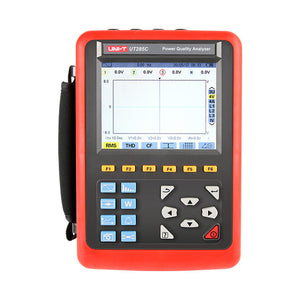 UNI-T UT285C Three-Phase Power Quality Analyzer (5000A Flex Set) – True RMS, Active/Reactive/Apparent Power, THD Harmonics to 50th, Flicker, Unbalance, 4-Channel Waveform, USB/PC Software - in a red and black handheld case with a digital screen, function keys, navigation buttons, and a power button.