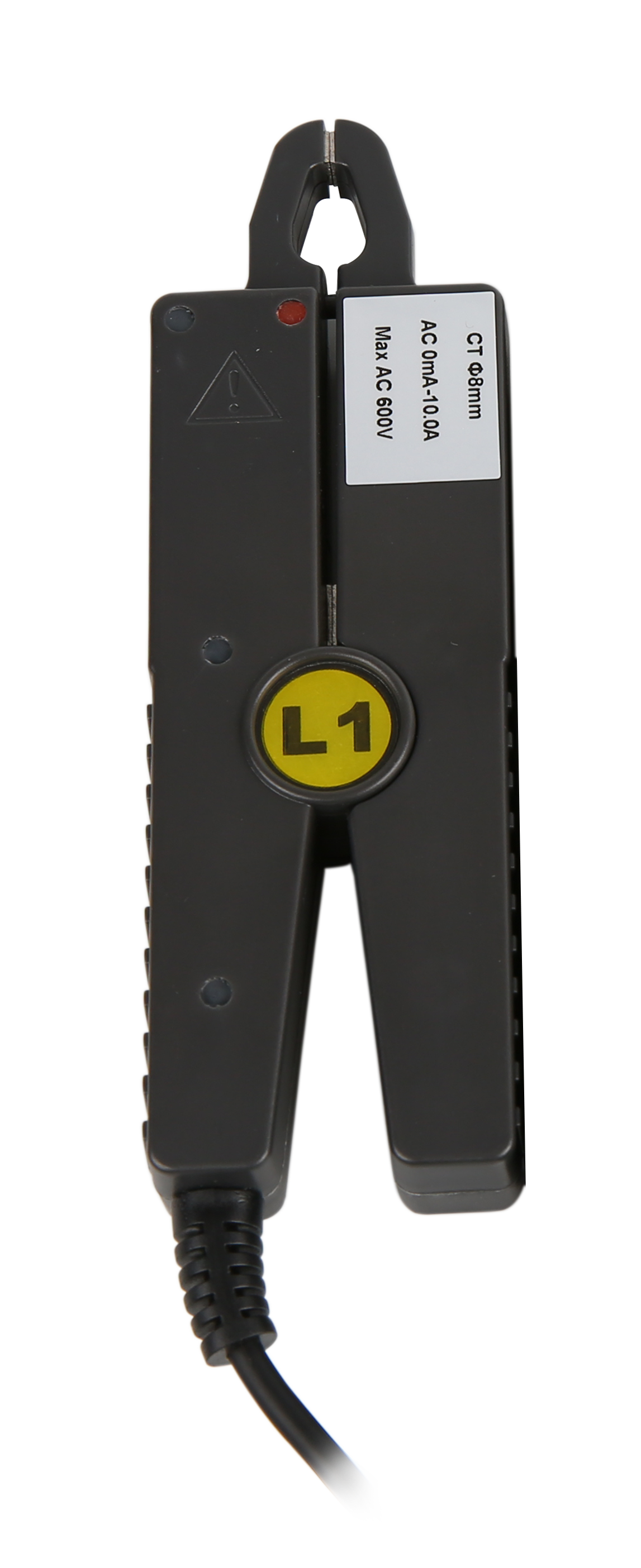 UNI-T UT285C Three-Phase Power Quality Analyzer (5000A Flex Set) – True RMS, Active/Reactive/Apparent Power, THD Harmonics to 50th, Flicker, Unbalance, 4-Channel Waveform, USB/PC Software - a black clamp-on current sensor with a yellow L1 label, a cable, and a white spec sticker.