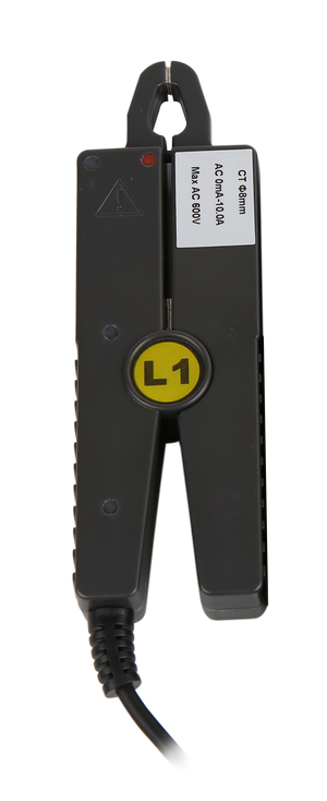 UNI-T UT285C Three-Phase Power Quality Analyzer (5000A Flex Set) – True RMS, Active/Reactive/Apparent Power, THD Harmonics to 50th, Flicker, Unbalance, 4-Channel Waveform, USB/PC Software - a black clamp-on current sensor with a yellow L1 label, a cable, and a white spec sticker.