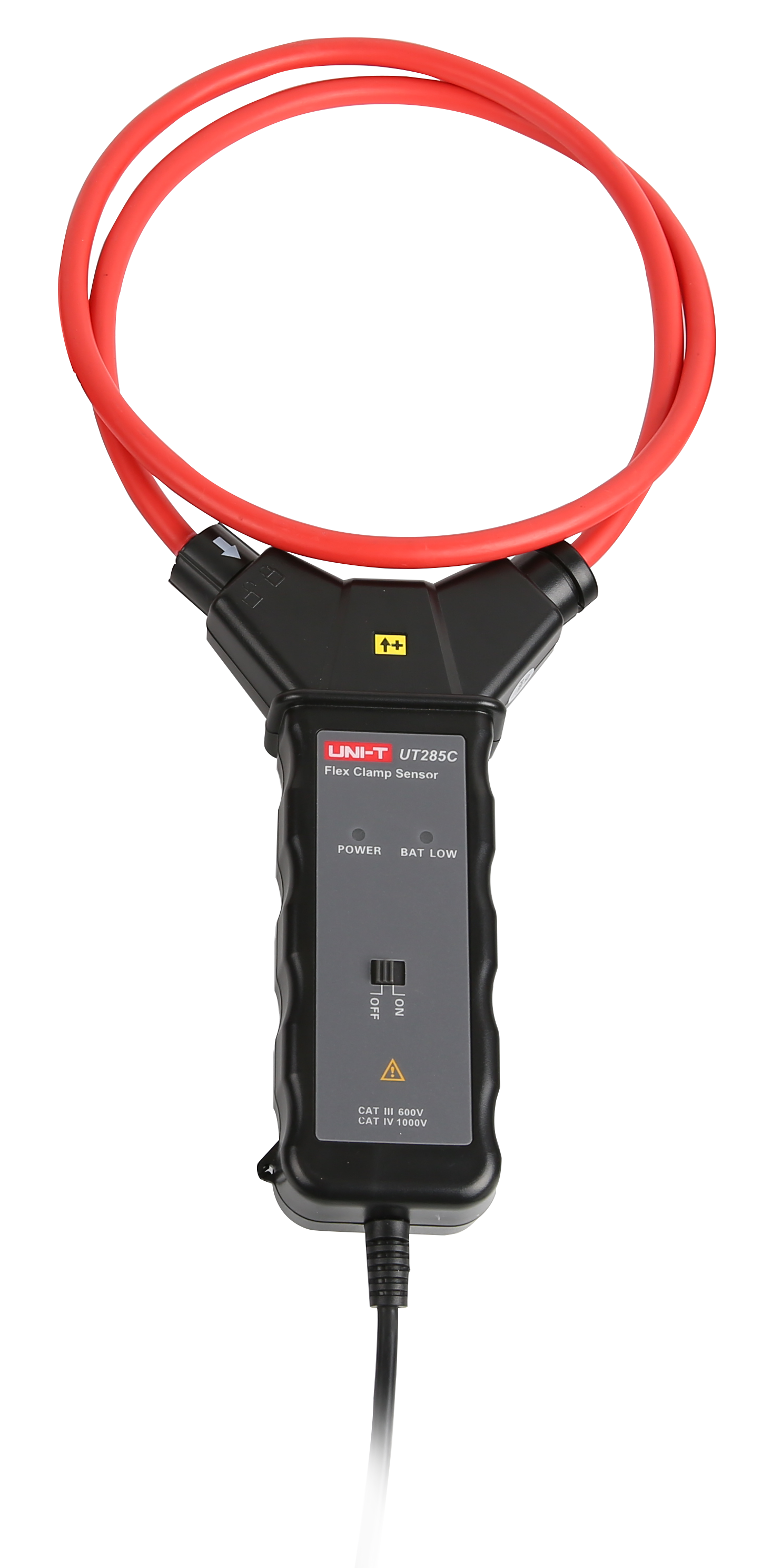 UNI-T UT285C Three-Phase Power Quality Analyzer (5000A Flex Set) – True RMS, Active/Reactive/Apparent Power, THD Harmonics to 50th, Flicker, Unbalance, 4-Channel Waveform, USB/PC Software - a black handheld device with a red flexible loop, power and battery indicators, and an on-off switch.