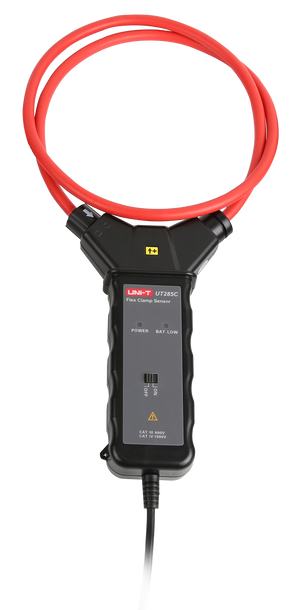 UNI-T UT285C Three-Phase Power Quality Analyzer (5000A Flex Set) – True RMS, Active/Reactive/Apparent Power, THD Harmonics to 50th, Flicker, Unbalance, 4-Channel Waveform, USB/PC Software - a black handheld device with a red flexible loop, power and battery indicators, and an on-off switch.