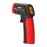 UNI-T UT300A+ Infrared Thermometer – Non-Contact, −20°C to 400°C, 10:1 D:S, 0.95 Emissivity, Laser Targeting, Backlit LCD, One-Button Operation - black and red, featuring a pistol-grip handle, a trigger button, and a backlit LCD screen displaying 25.6°C.