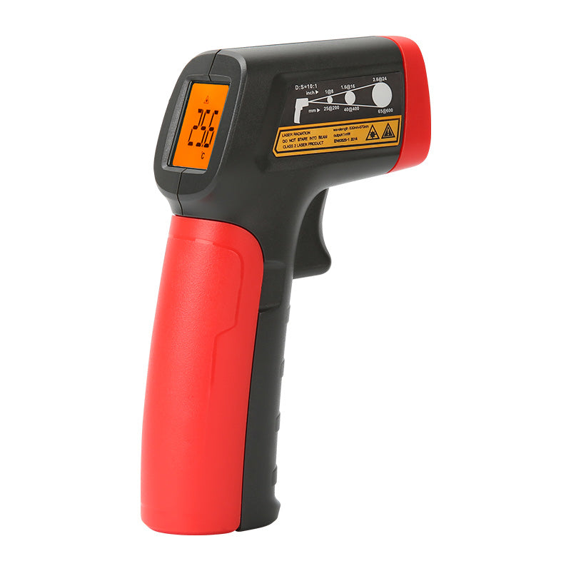 UNI-T UT300A+ Infrared Thermometer – Non-Contact, −20°C to 400°C, 10:1 D:S, 0.95 Emissivity, Laser Targeting, Backlit LCD, One-Button Operation - a black and red pistol-grip device with a backlit LCD screen displaying 25.6°C and a side laser distance diagram.