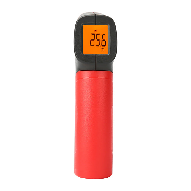 UNI-T UT300A+ Infrared Thermometer – Non-Contact, −20°C to 400°C, 10:1 D:S, 0.95 Emissivity, Laser Targeting, Backlit LCD, One-Button Operation - and black handheld device with a backlit LCD screen displaying 25.6°C and a laser indicator icon.
