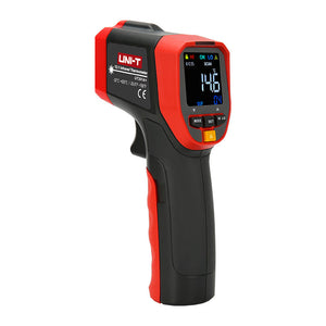 UNI-T UT301A+ Infrared Thermometer – Non-Contact, −32°C to 420°C, 12:1 D:S, Adjustable Emissivity, ±1.5°C Accuracy, Laser Targeting, Colour EBTN Display - and black, showing a digital screen reading 14.6°C, a trigger, and control buttons on the handle.