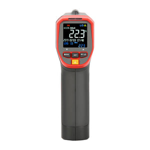 UNI-T UT301A+ Infrared Thermometer – Non-Contact, −32°C to 420°C, 12:1 D:S, Adjustable Emissivity, ±1.5°C Accuracy, Laser Targeting, Colour EBTN Display - and black handheld device with a digital display showing 22.3°C, control buttons, and a yellow trigger button.