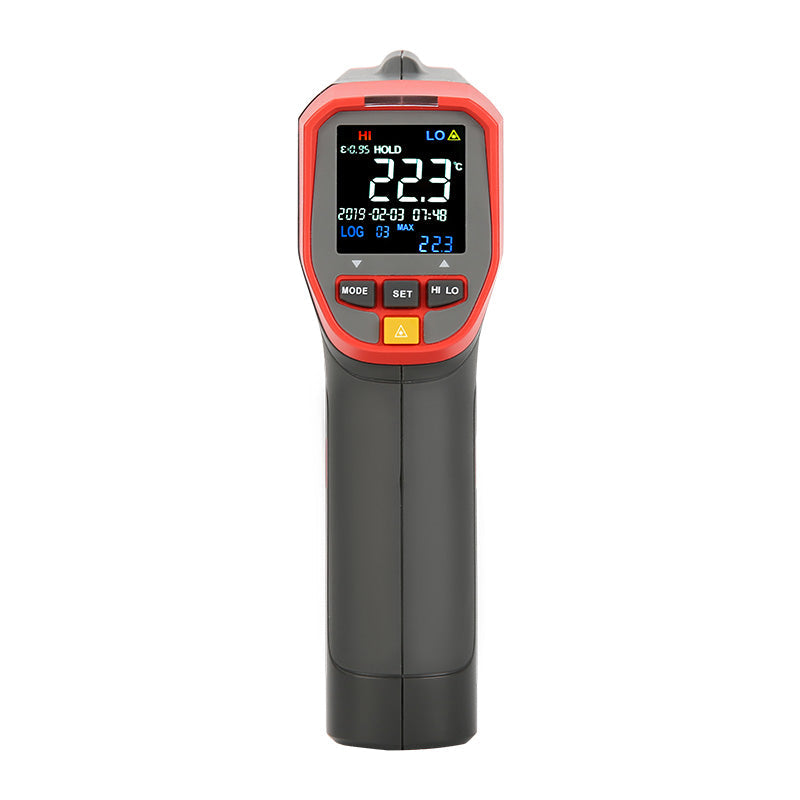 UNI-T UT301A+ Infrared Thermometer – Non-Contact, −32°C to 420°C, 12:1 D:S, Adjustable Emissivity, ±1.5°C Accuracy, Laser Targeting, Colour EBTN Display - and black handheld device with a digital display showing 22.3°C, control buttons, and a yellow trigger button.